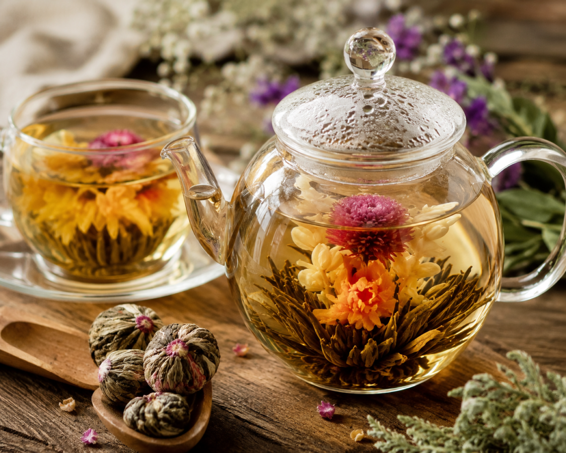 Flowering tea blooming inside a clear glass teapot, showcasing an artisan hand-tied tea blossom with colorful edible flowers in warm golden tea.