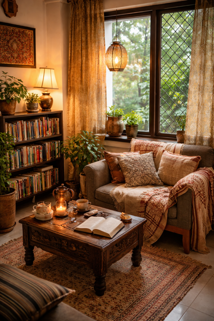 An reading nook with a cozy sofa with warm lights and a small shelve of books. 