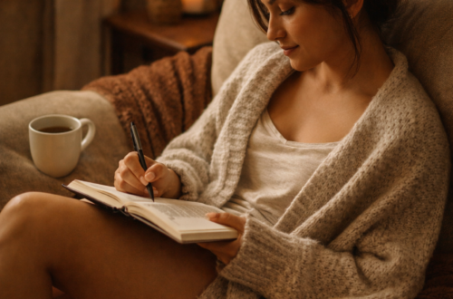 A woman writing her journal spending alone time, living her best life. Live