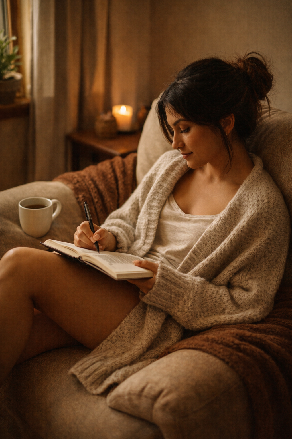 A woman writing her journal spending alone time, living her best life. Live