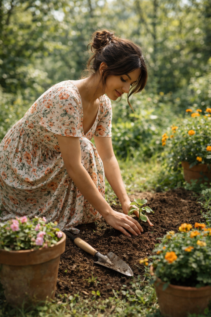Woman gardening outdoors. 