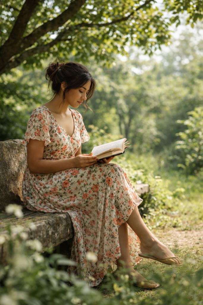 Woman reading a book in a summer garden in peace. 