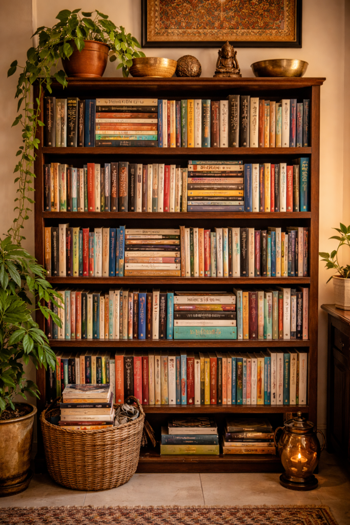 This is an image of a bookshelf in a moderate family setting. With plants and other decorative things around it. 