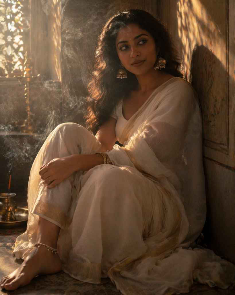 A women wearing a white saree, sitting in a late afternoon lit place, a light falling on her face and there is a incense burning around. 