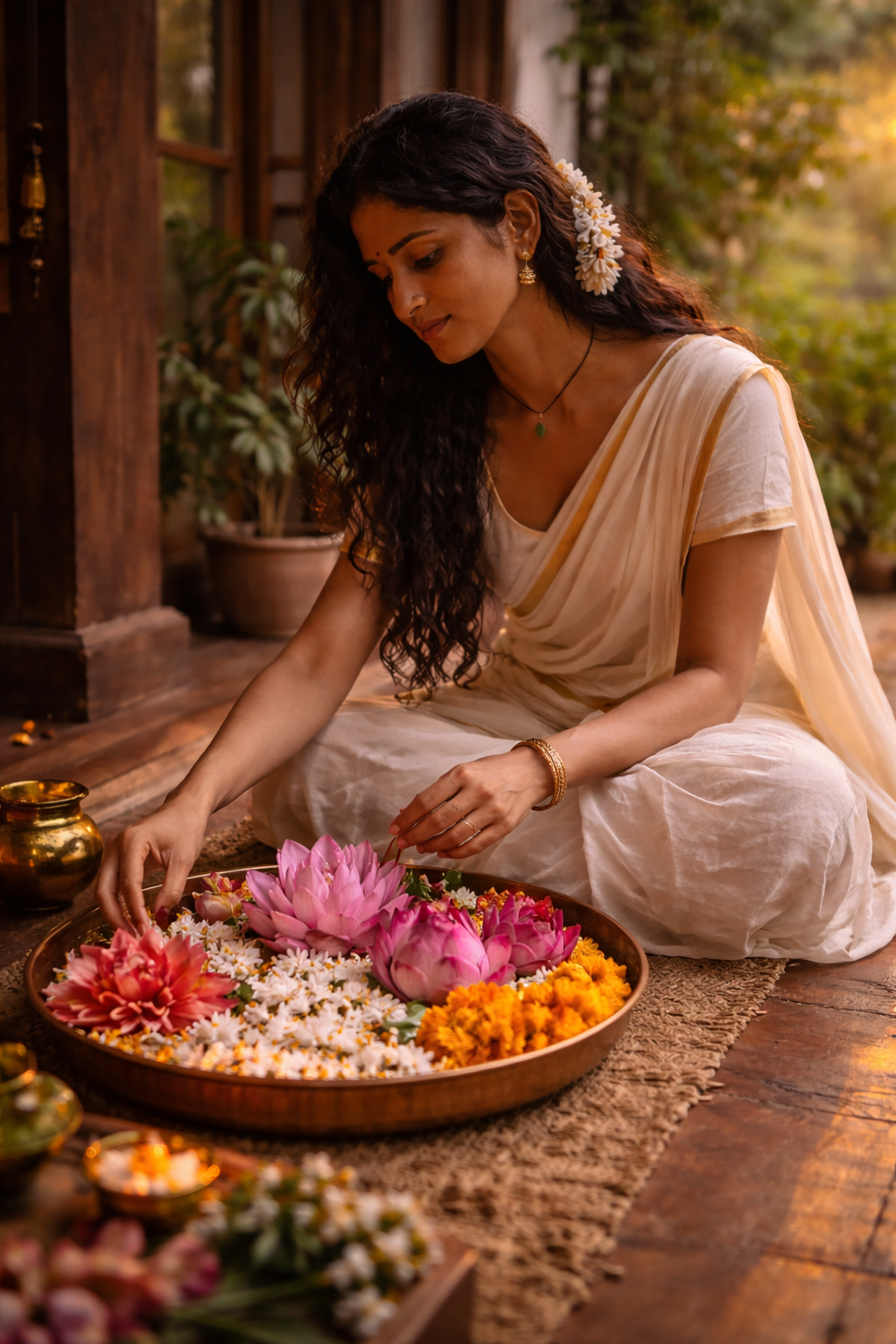 A women preparing a plate of flowers: Happiness