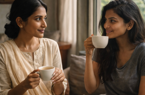 Two women sitting in a cafe chatting.