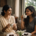 Two women sitting in a cafe chatting.