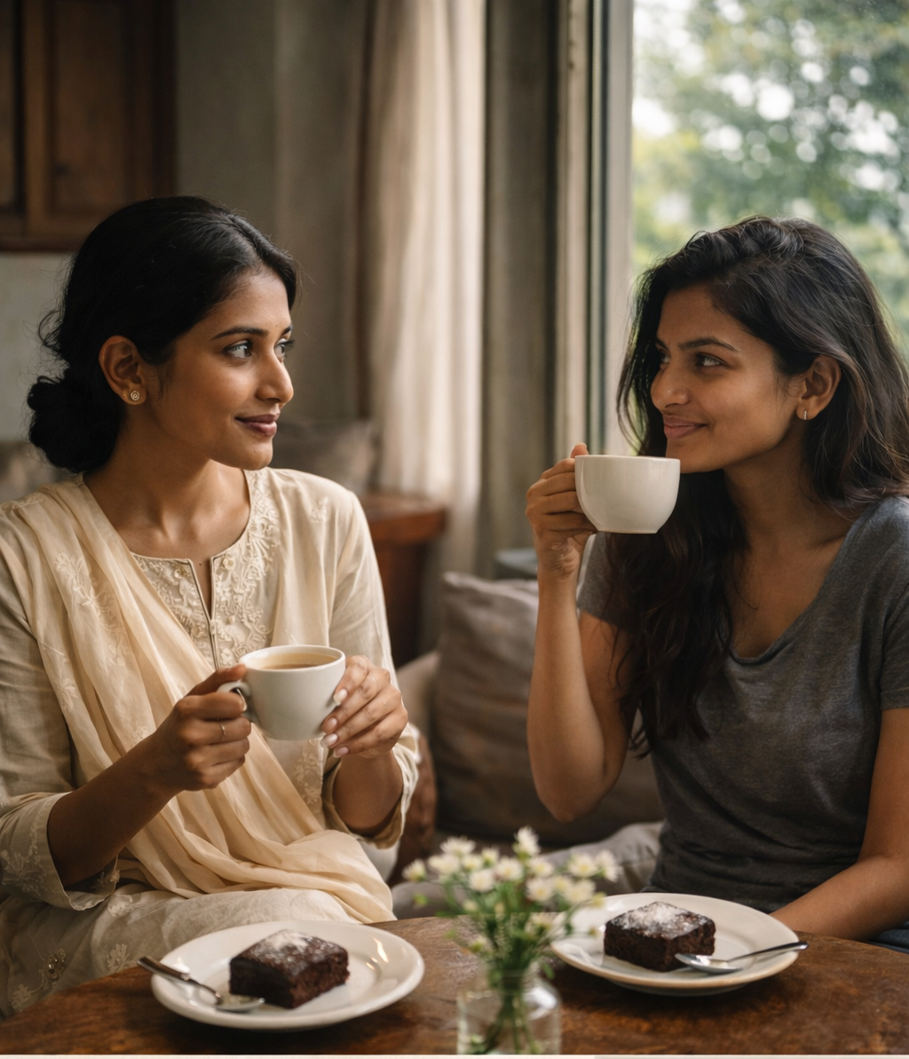 Two women sitting in a cafe chatting.