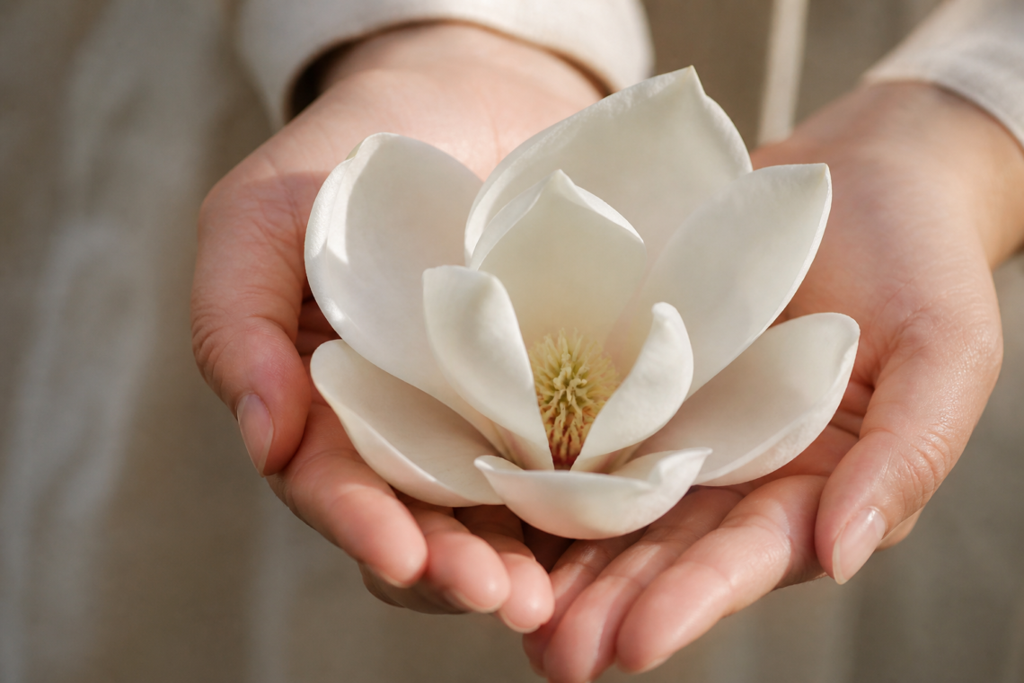 Red chandan seeds and magnolia blooms representing the magic realism in childhood memories