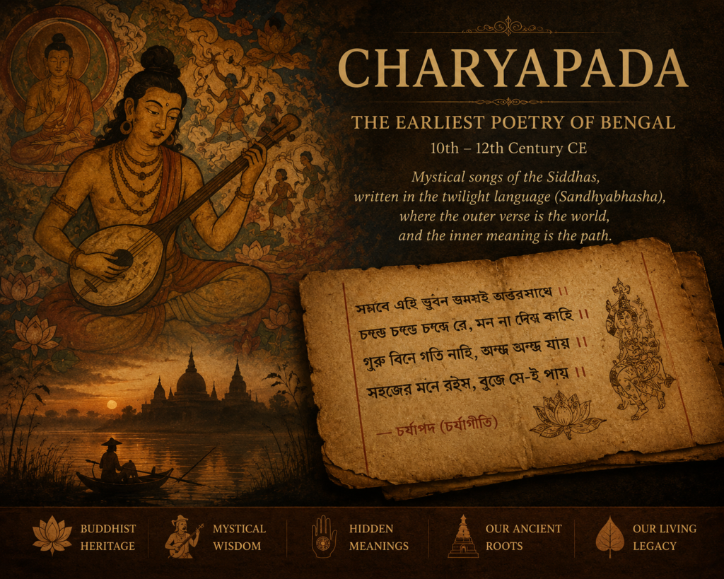 Bengali Slokas: The Extraordinary Wisdom of Ancient Bengal 2 The Charyapada is a collection of mystical poems, songs of realization in the Vajrayāna tradition of Buddhism from the tāntric tradition in Assam, Bengal, Bihar and Odisha.