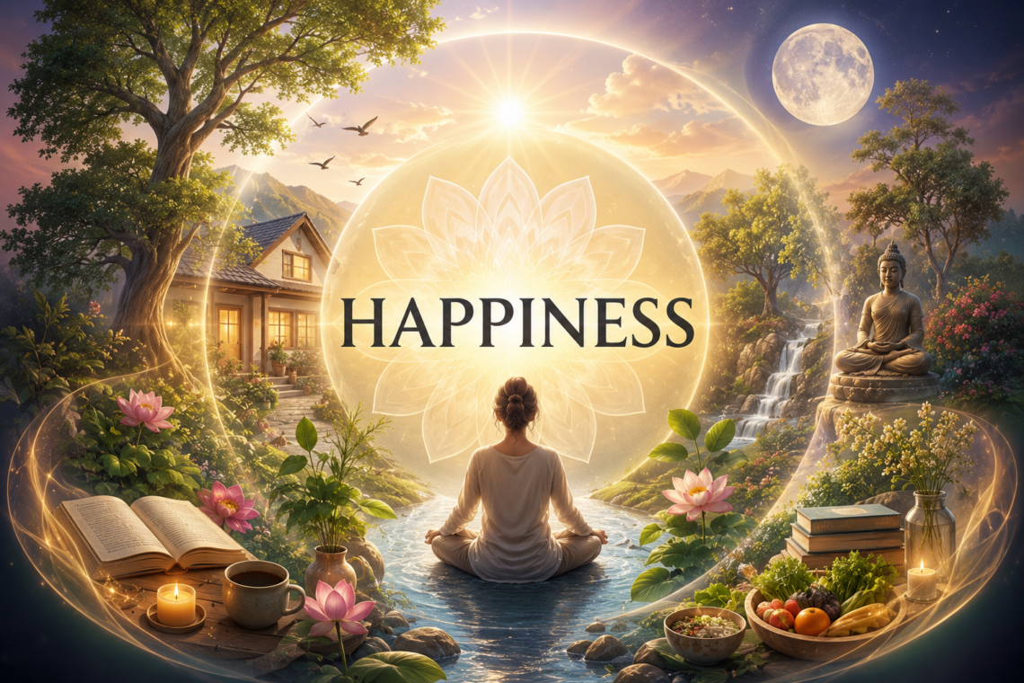Final Chapter: Happiness as Sadhana 1 A serene and symbolic illustration of happiness as a way of life, featuring a peaceful home surrounded by lush gardens, blooming flowers, books, meditation, nature, and the sun and moon in harmonious balance. A solitary figure sits in quiet contemplation at the center, representing inner peace, love, beauty, and connection with the natural world. The artwork has a clean, dreamlike psychedelic aesthetic with soft luminous colors, conveying happiness, mindfulness, home, spirituality, and everyday rituals as a unified philosophy of life. The word