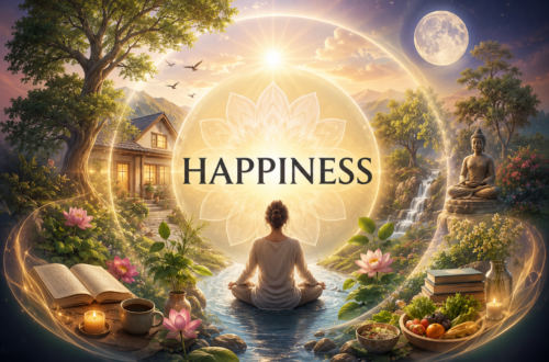 Final Chapter: Happiness as Sadhana 11 A serene and symbolic illustration of happiness as a way of life, featuring a peaceful home surrounded by lush gardens, blooming flowers, books, meditation, nature, and the sun and moon in harmonious balance. A solitary figure sits in quiet contemplation at the center, representing inner peace, love, beauty, and connection with the natural world. The artwork has a clean, dreamlike psychedelic aesthetic with soft luminous colors, conveying happiness, mindfulness, home, spirituality, and everyday rituals as a unified philosophy of life. The word