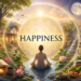 A serene and symbolic illustration of happiness as a way of life, featuring a peaceful home surrounded by lush gardens, blooming flowers, books, meditation, nature, and the sun and moon in harmonious balance. A solitary figure sits in quiet contemplation at the center, representing inner peace, love, beauty, and connection with the natural world. The artwork has a clean, dreamlike psychedelic aesthetic with soft luminous colors, conveying happiness, mindfulness, home, spirituality, and everyday rituals as a unified philosophy of life. The word 