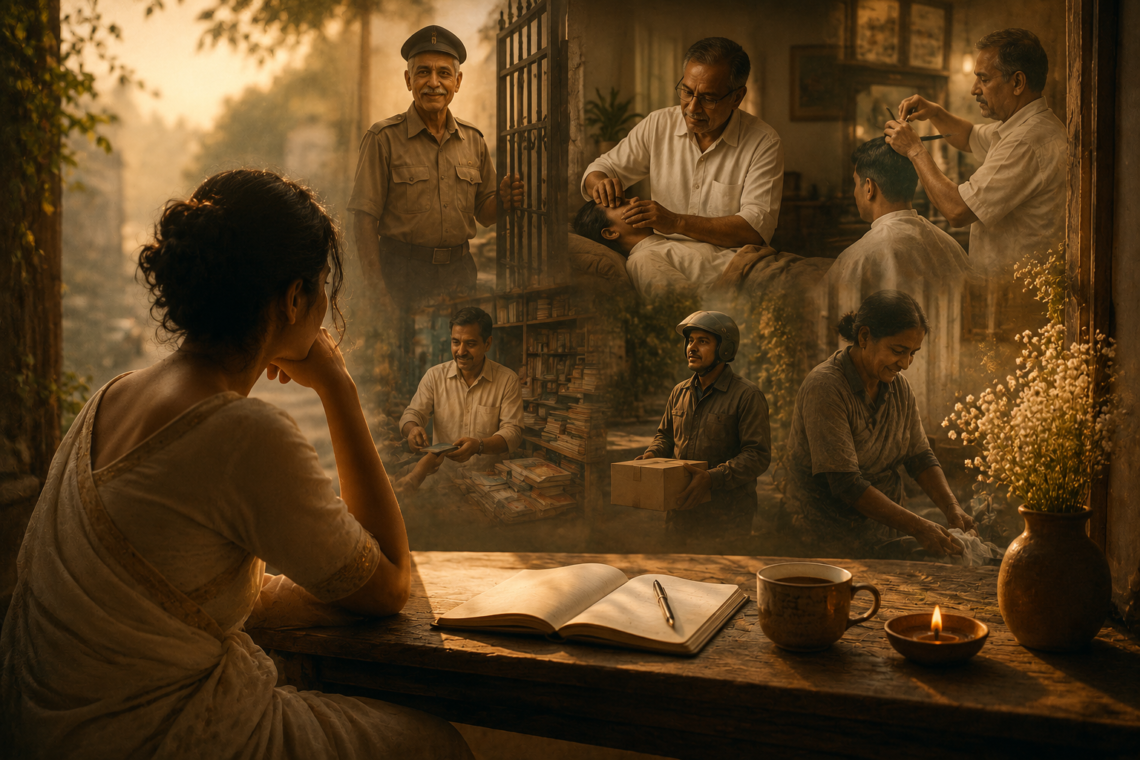 Illustration of everyday workers including a security guard, therapist, barber, bookseller, and housemaid, representing grief for the ordinary people who quietly become part of our lives.