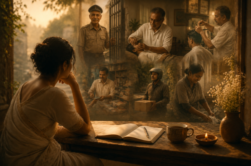 Illustration of everyday workers including a security guard, therapist, barber, bookseller, and housemaid, representing grief for the ordinary people who quietly become part of our lives.