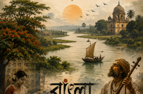 A vintage-style cover illustration titled “BENGALI” depicts a serene river winding through the Bengal delta, surrounded by historical architecture, a Baul musician, a woman reading, ancient manuscripts, folk art, pottery, and Bengali script, symbolizing the history, culture, and enduring soul of Bengal.