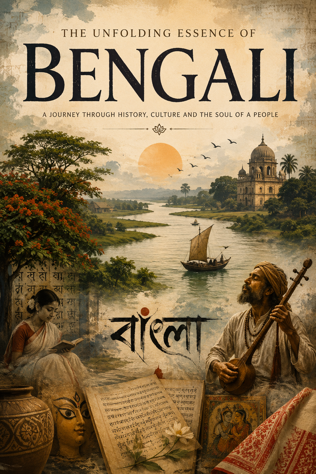 A vintage-style cover illustration titled “BENGALI” depicts a serene river winding through the Bengal delta, surrounded by historical architecture, a Baul musician, a woman reading, ancient manuscripts, folk art, pottery, and Bengali script, symbolizing the history, culture, and enduring soul of Bengal.