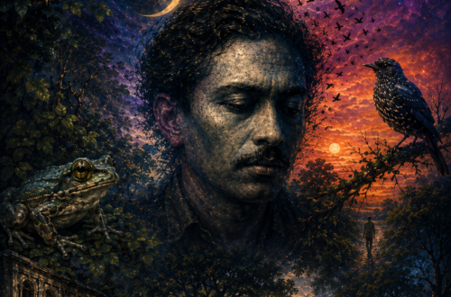 Jibanananda Das: Why I Find Him the Most Impossible Poet 24 Jibanananda Das portrayed in a surreal, psychedelic collage inspired by his poetry, surrounded by owls, bats, frogs, porcupines, rivers, twilight skies, manuscripts, and dreamlike landscapes that reflect the haunting metaphors, solitude, memory, and mystical imagination of the legendary Bengali poet.
