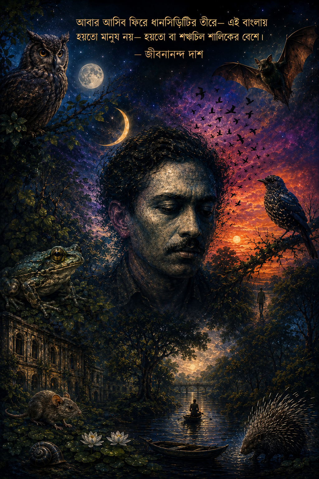 Jibanananda Das: Why I Find Him the Most Impossible Poet 1 Jibanananda Das portrayed in a surreal, psychedelic collage inspired by his poetry, surrounded by owls, bats, frogs, porcupines, rivers, twilight skies, manuscripts, and dreamlike landscapes that reflect the haunting metaphors, solitude, memory, and mystical imagination of the legendary Bengali poet.