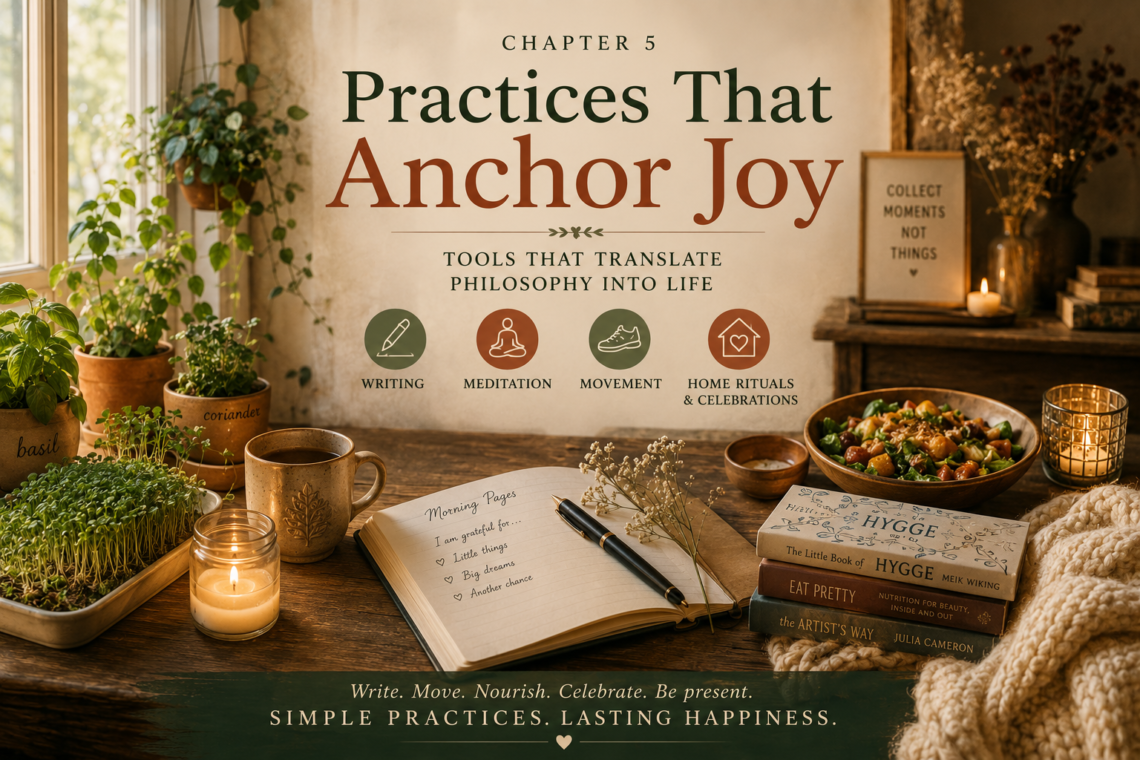 Chapter 5: Happiness Begins with Practice 1 Practices that anchor happiness through journaling, meditation, movement, home rituals, reading, cooking, and simple daily routines.