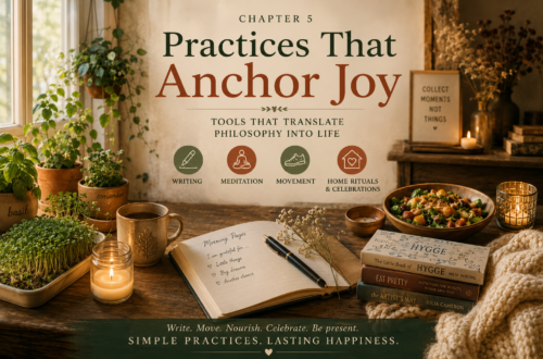 Chapter 5: Happiness Begins with Practice 10 Practices that anchor happiness through journaling, meditation, movement, home rituals, reading, cooking, and simple daily routines.