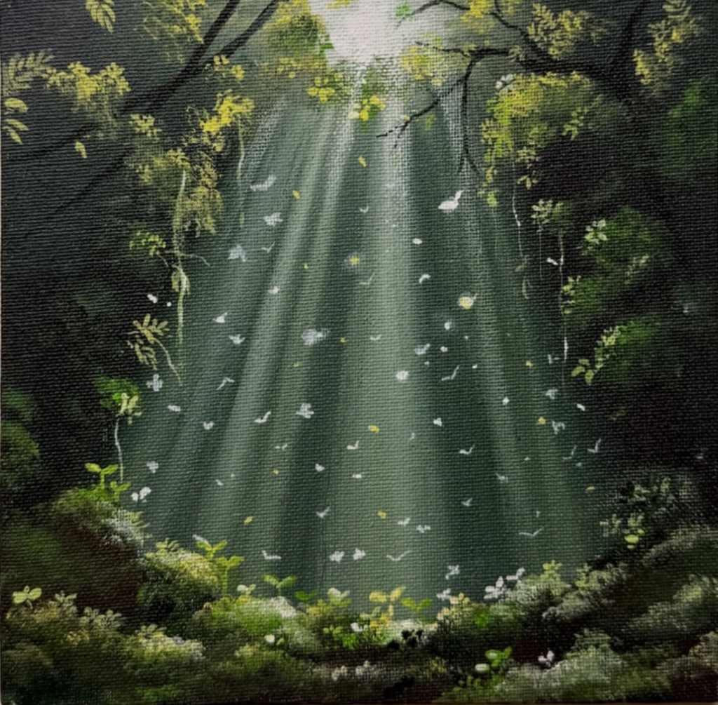 A forest that is lit with sunbeams and the leaves beaming