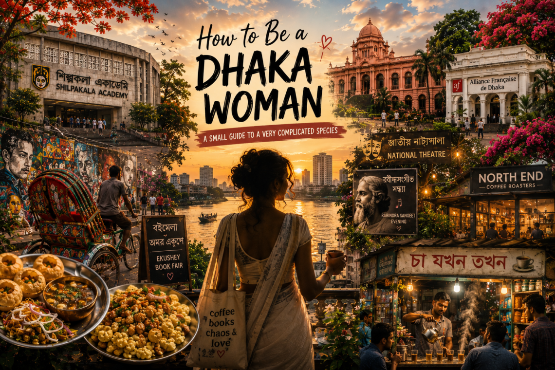 How to Be a Dhaka Woman — a vibrant collage of Dhaka culture featuring a Dhaka woman, Shilpakala Academy, North End coffee, a local tea stall, colourful rickshaws, fuchka, chotpoti, cultural events and the city skyline.