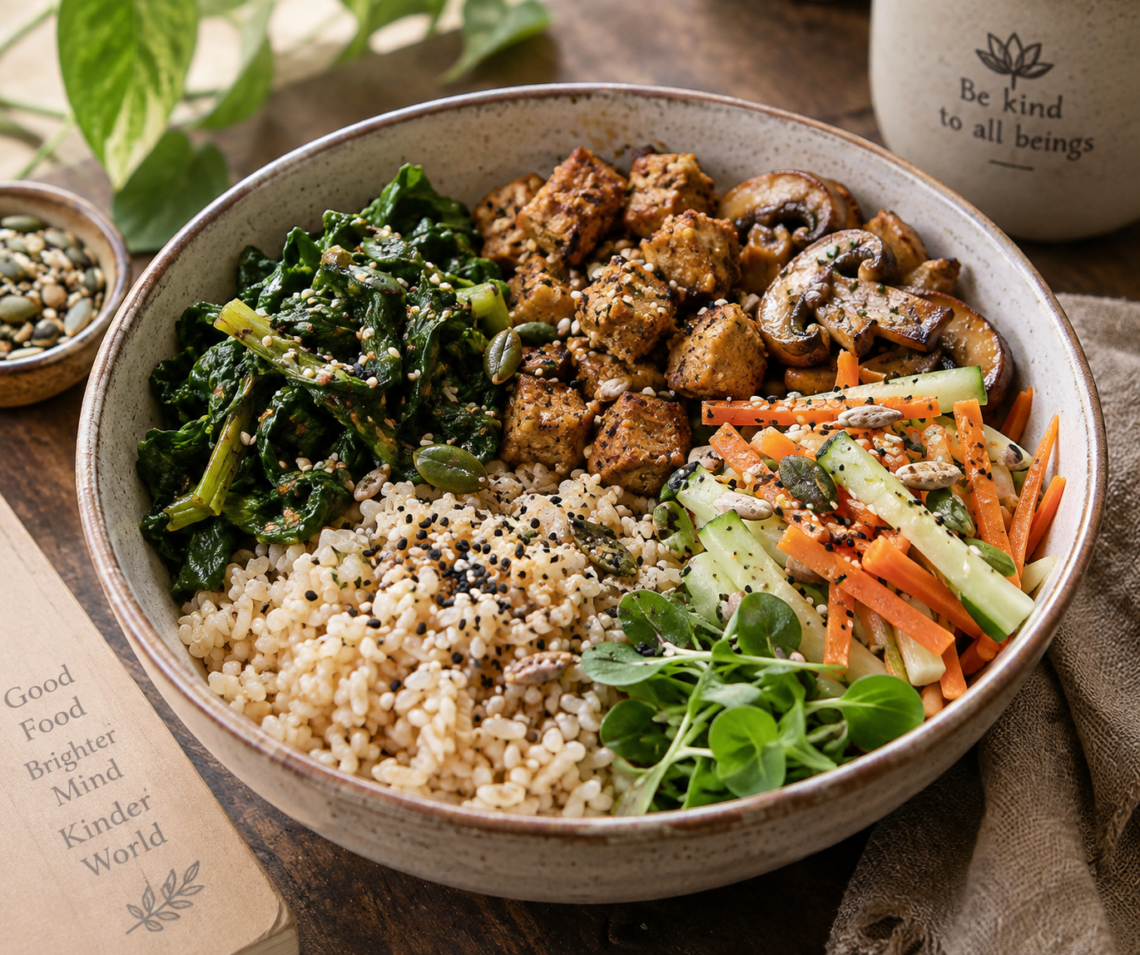 Vegetarian Buddha bowl with brown rice, cooked soy chunks, sautéed mushrooms, leafy greens, carrot and cucumber salad, and mixed seeds.