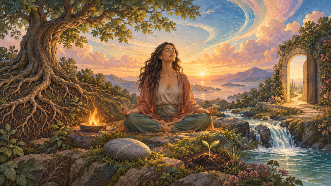 How to Create an Inner Vision Board for Self-Discovery 1 A peaceful woman meditating within an Inner Vision Board landscape of roots, flame, stone, water, doorway, seed and open sky.