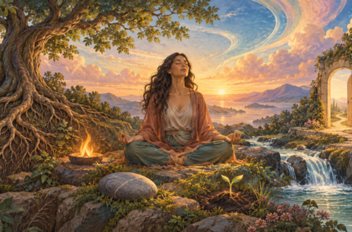How to Create an Inner Vision Board for Self-Discovery 26 A peaceful woman meditating within an Inner Vision Board landscape of roots, flame, stone, water, doorway, seed and open sky.