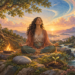 A peaceful woman meditating within an Inner Vision Board landscape of roots, flame, stone, water, doorway, seed and open sky.