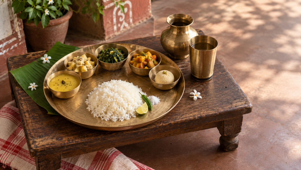A large kansa thali with rice and five small bowls of Bengali vegetarian dishes, arranged on a weathered wooden jolchoki beside a kansa glass and ghot.