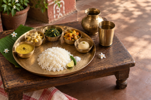 A large kansa thali with rice and five small bowls of Bengali vegetarian dishes, arranged on a weathered wooden jolchoki beside a kansa glass and ghot.