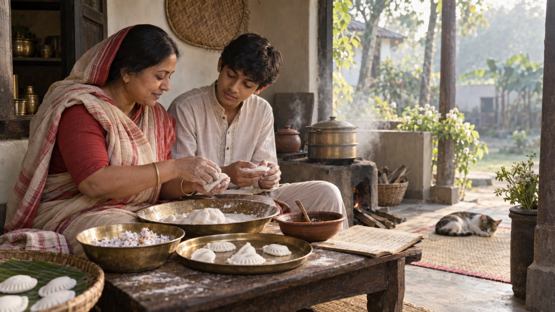 A Bangladeshi mother teaches her teenage son to shape winter pitha in a sunlit traditional kitchen, surrounded by kansa vessels, rice flour, coconut, date molasses and an old handwritten recipe notebook. Food.