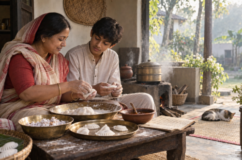 A Bangladeshi mother teaches her teenage son to shape winter pitha in a sunlit traditional kitchen, surrounded by kansa vessels, rice flour, coconut, date molasses and an old handwritten recipe notebook. Food.