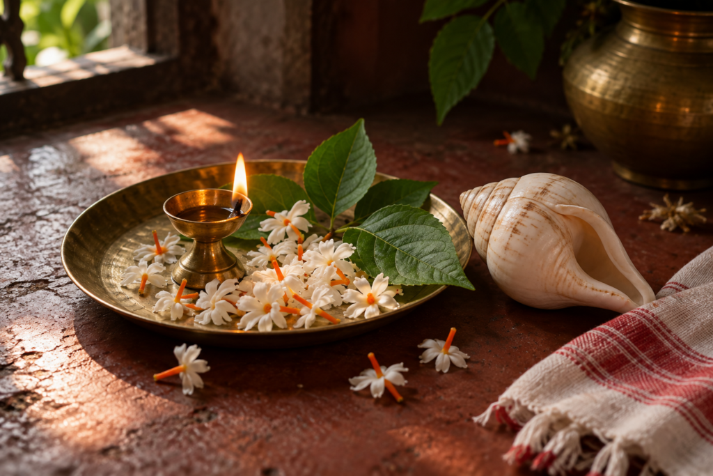 Durga Puja and the Joy of Belonging in Bangladesh 2 Durga Puja still life with shiuli flowers, conch, brass lamp, bel leaves and a red-white gamcha.