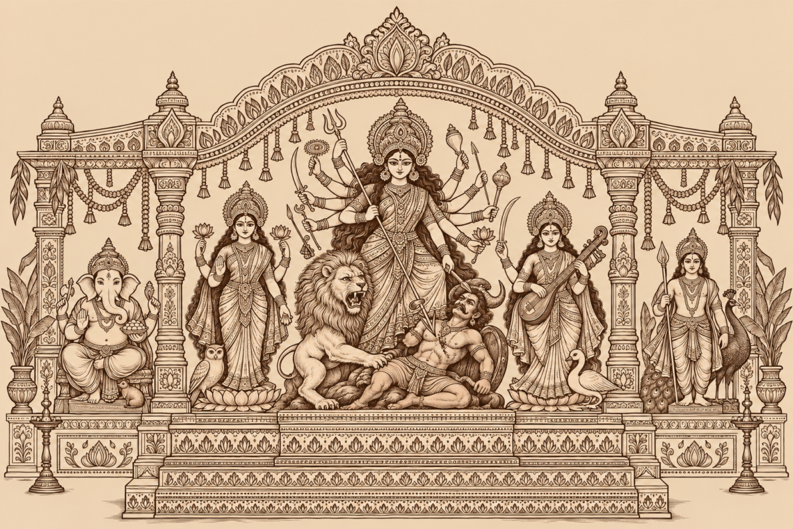 Durga Puja and the Joy of Belonging in Bangladesh 1 Two-colour Durga Puja mandap illustration: milk-tea background with dark brown heritage-style linework, including Durga, her children, Mahishasura, lion, owl, peacock, swan and mouse.