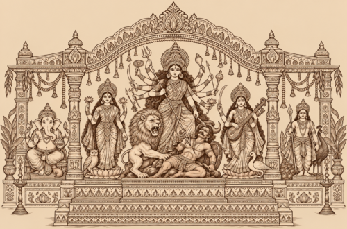 Durga Puja and the Joy of Belonging in Bangladesh 7 Two-colour Durga Puja mandap illustration: milk-tea background with dark brown heritage-style linework, including Durga, her children, Mahishasura, lion, owl, peacock, swan and mouse.