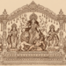 Durga Puja and the Joy of Belonging in Bangladesh 4 Two-colour Durga Puja mandap illustration: milk-tea background with dark brown heritage-style linework, including Durga, her children, Mahishasura, lion, owl, peacock, swan and mouse.