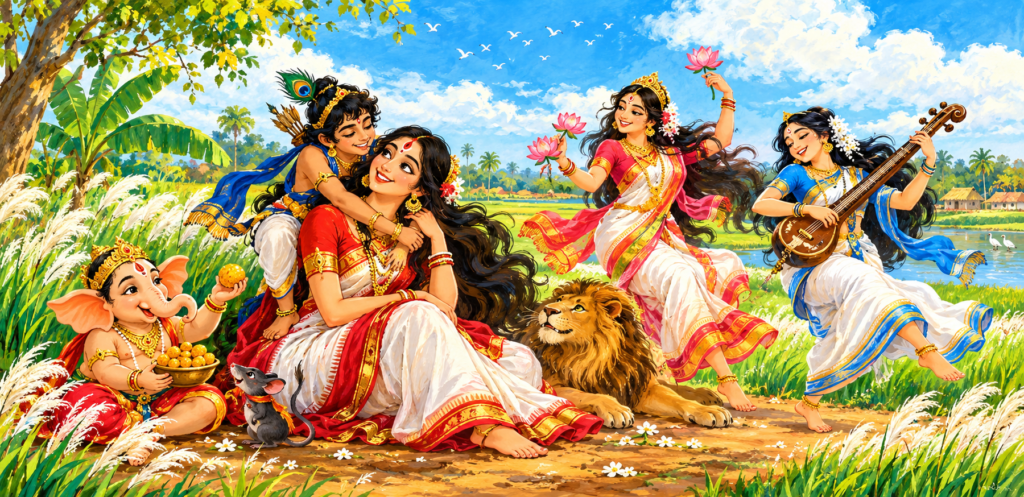 Durga Puja and the Joy of Belonging in Bangladesh 3 Durga Puja: Durga seated with Kartik embracing her, Lakshmi and Saraswati dancing together, and Ganesh sharing laddus. The scene is unified, festive and set in a bright Bengal landscape with an azure sky.