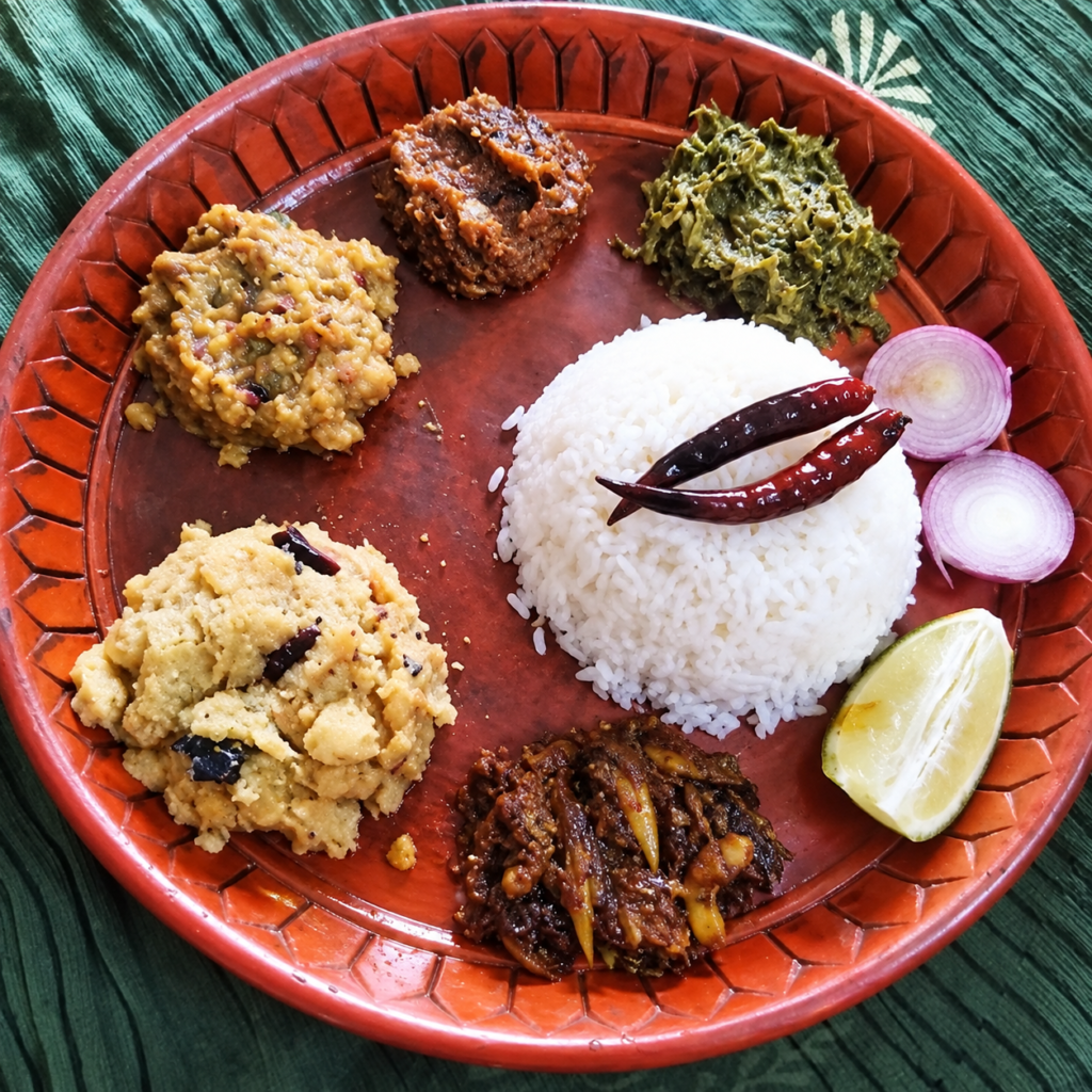 Rice with bhorta platter